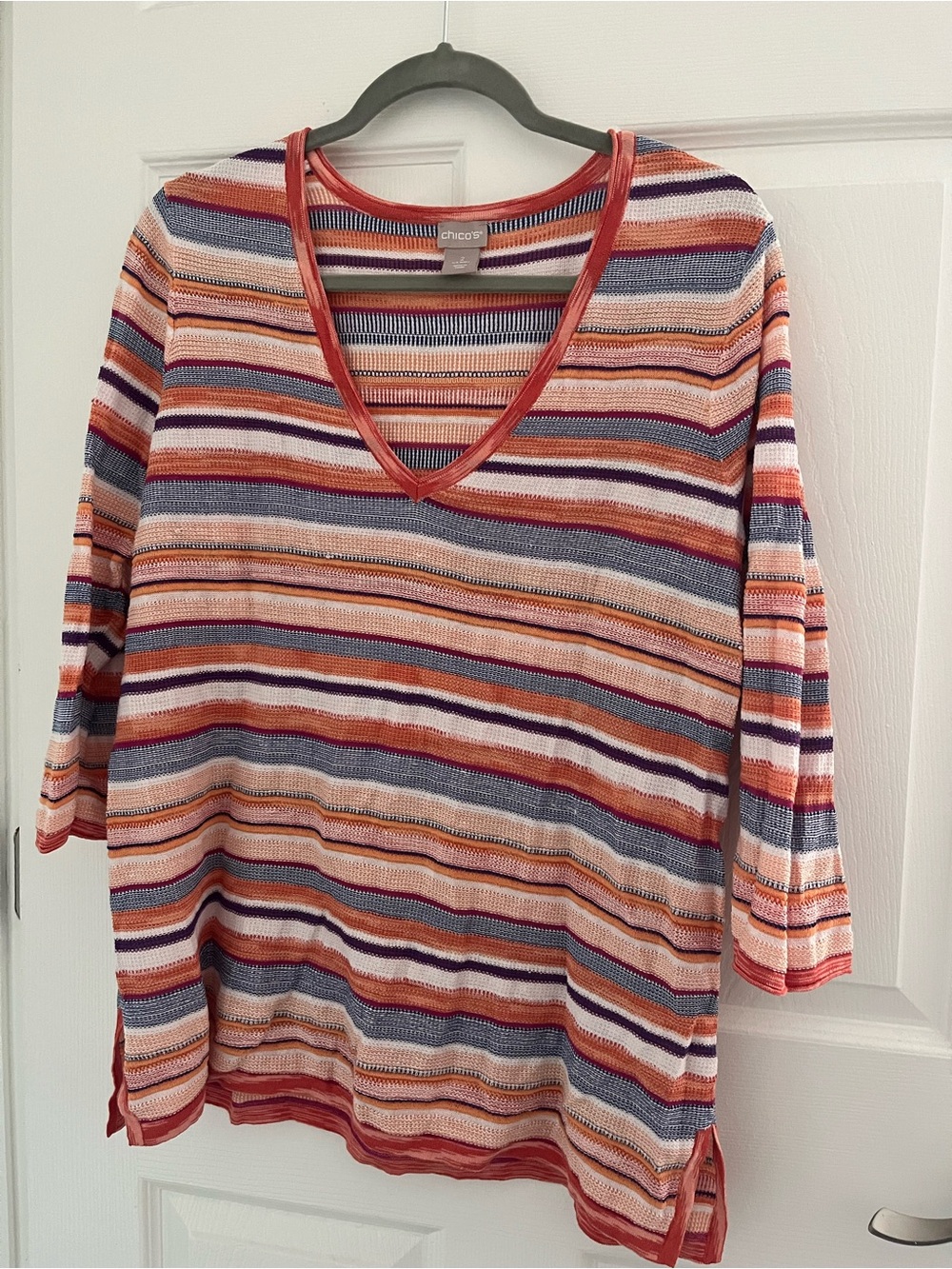 Chico's Multi-Striped V-Neck Knit Top - Orange & Blue Stripes